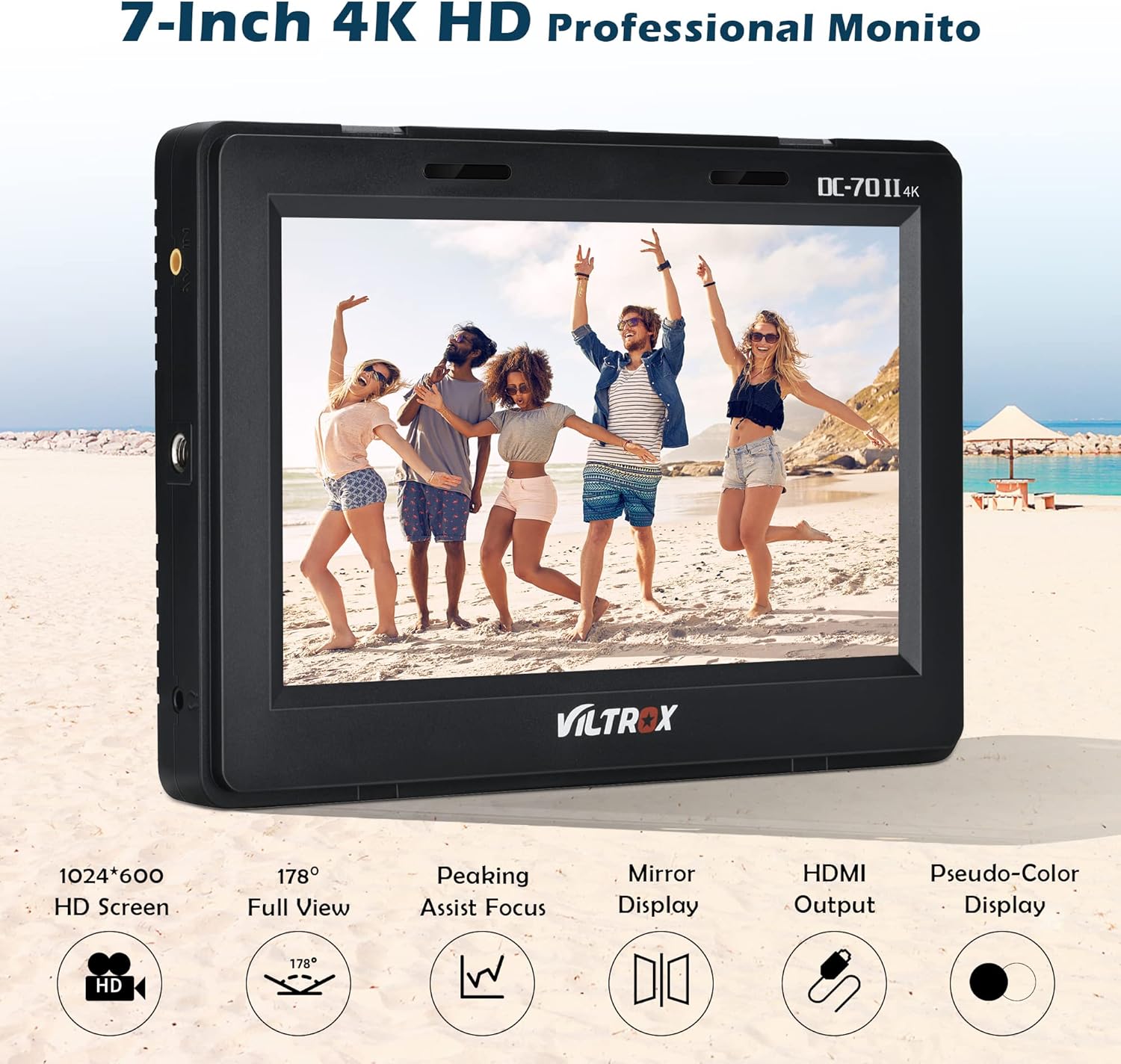 VILTROX DC-70 II 7 inch Camera Video Monitor, 4K Camera Field Monitor Kit with HDMI AV Input/Output for Canon Nikon Sony DSLR Camera, Peaking Focus Assist Video Monitor with Sunshade Hood/Battery