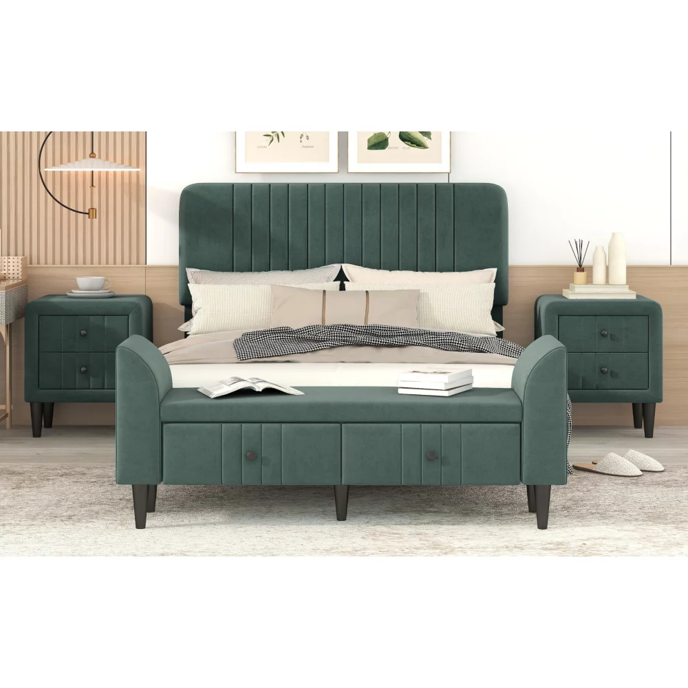 Cosymart 4-Pieces Bedroom Sets Full Size Upholstered Platform Bed With Two Nightstands And Storage Bench-Green