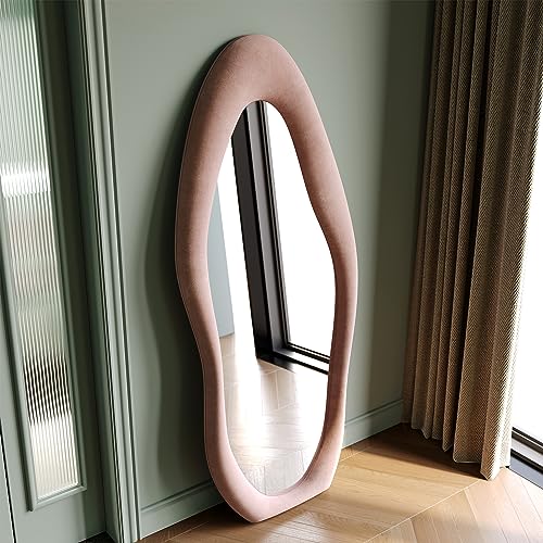 Honyee Full Length Mirror, 63" x 24" Wall Mirror, Flannel Wrapped Wooden Frame Floor Mirror, Irregular Wavy Mirror Hanging or Leaning Against Wall for Cloakroom/Bedroom/Living Room, Milk Tea