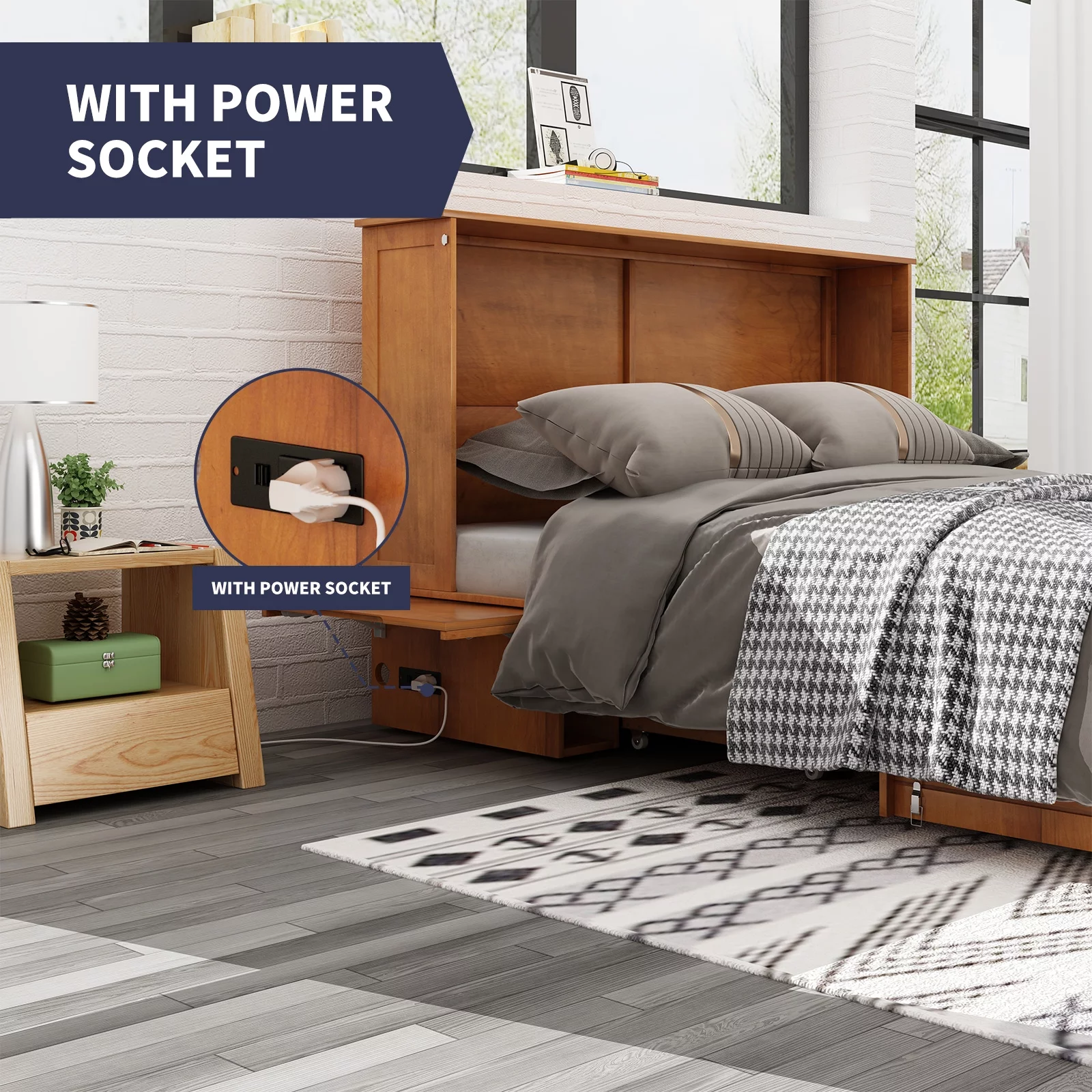 ZAFLY Murphy Bed Cabinet with USB Charging Station, Murphy Cube Cabinet Chest Bed with Drawer &Folding Mattress, Queen Size Bed for Living Room/Bedroom/Studio - Cherry