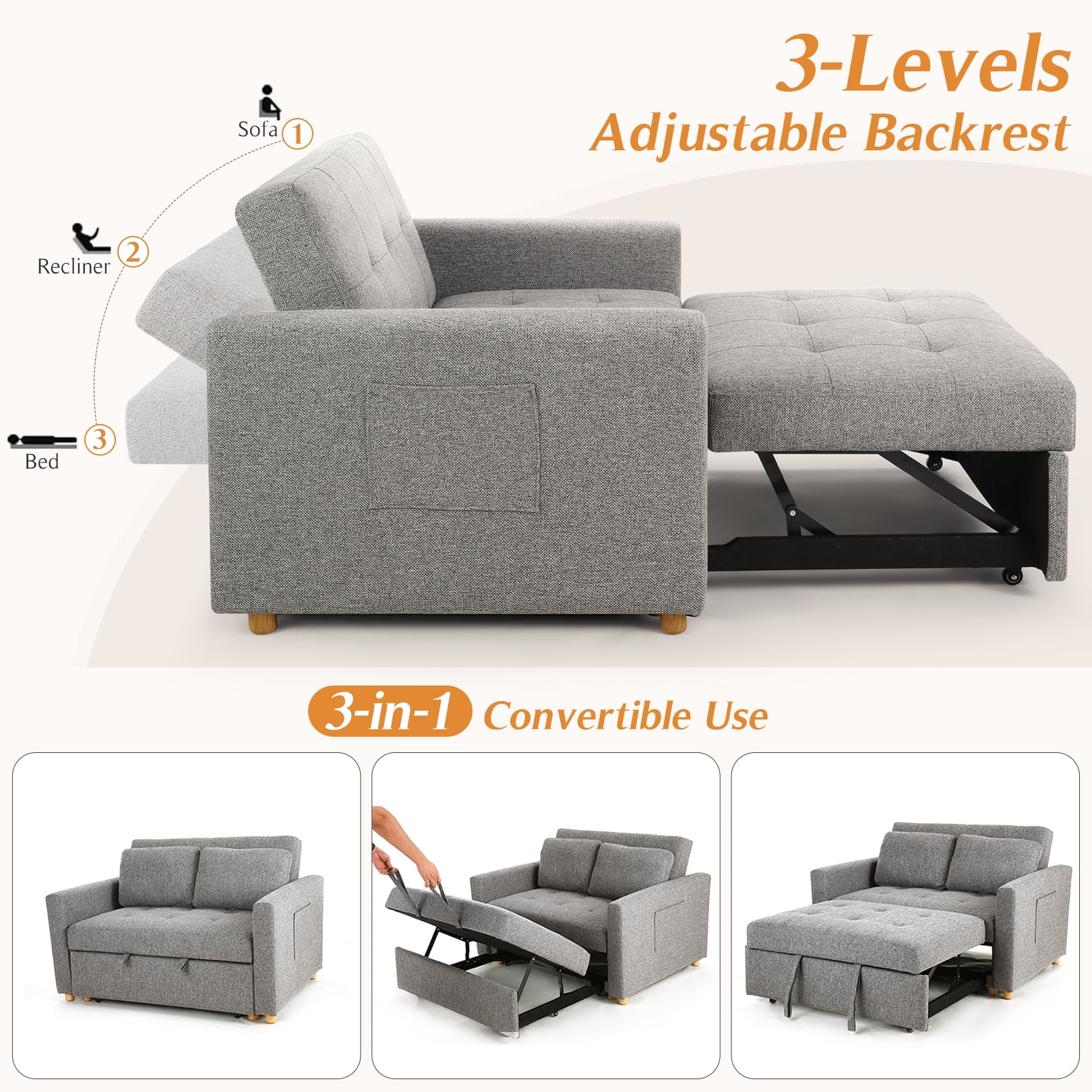 SEJOV Pull Out Sofa Bed 2 Seater Loveseats, Convertible Linen Sleeper Sofa Bed for Small Space with Adjsutable Backrest & Spring Support, Gray
