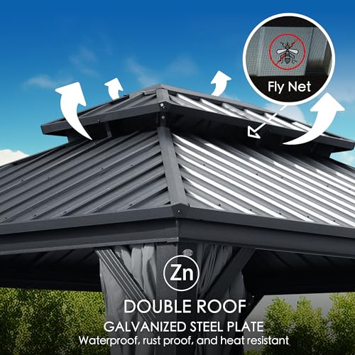 Kozyard Caesar 10'x10' Hardtop Gazebo - Permanent Metal Pavilion with Netting and Shaded Curtains for Patio, Backyard, and Deck - Galvanized Steel Outdoor Aluminum Canopy, Double Roof Gazebo (Grey)