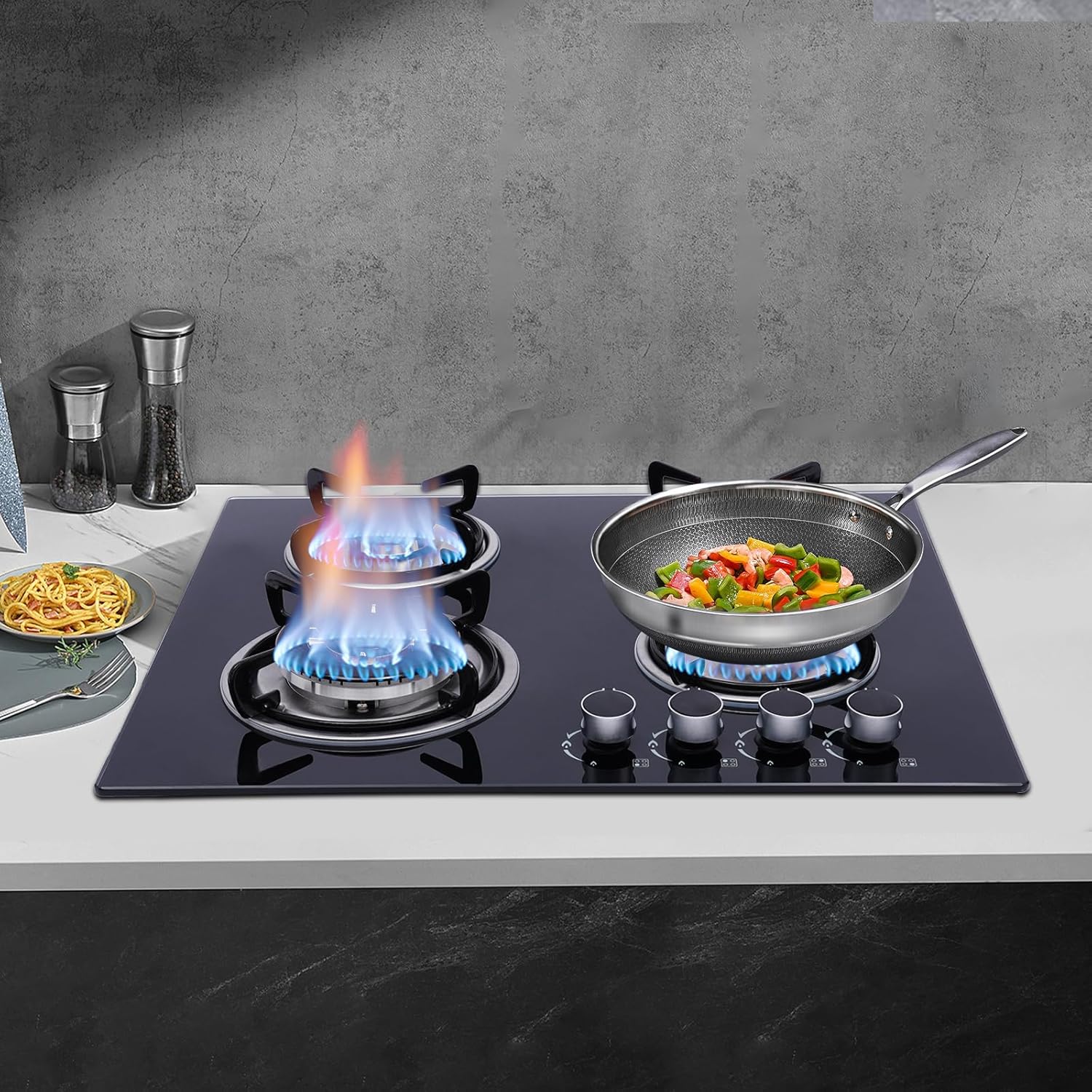 23'' Gas Stove Cooktop, Built in Gas Cooktop 4 Burners Stainless Steel Stove, LPG/NG Kitchen Cooker Thermocouple Protection, Easy to Clean Tempered Glass LPG/NG Gas Cooktop