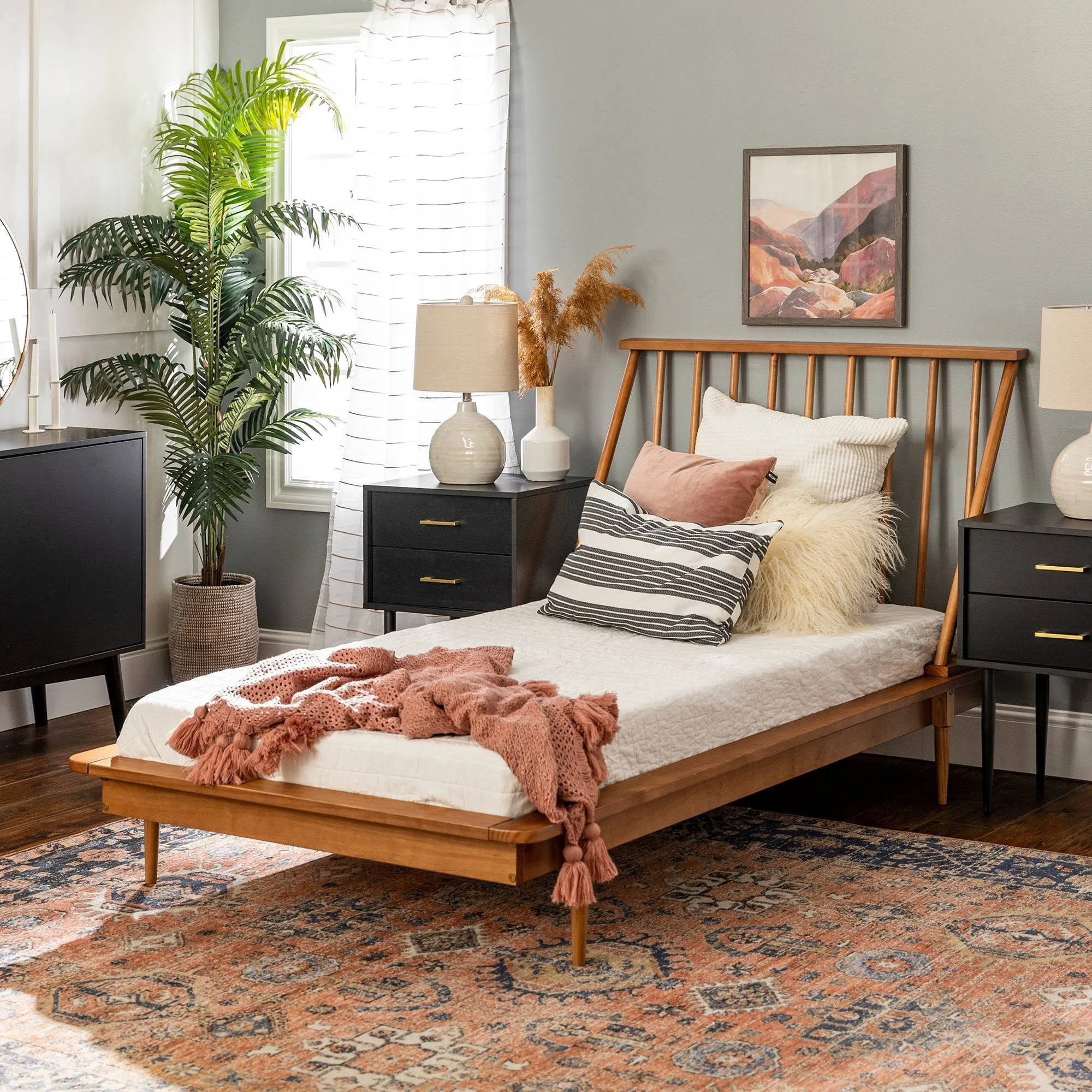 Twin Mid-Century Solid Wood Spindle Bed Caramel - Saracina Home