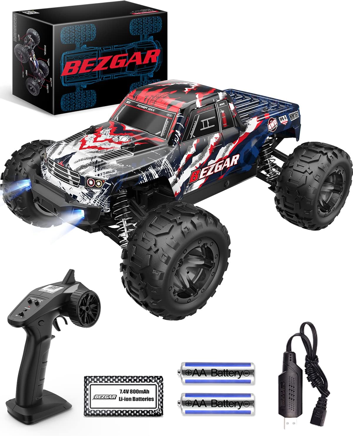 BEZGAR HM161 Hobby Grade 1:16 Remote Control Truck, 4WD High Speed 40+ Kmh All Terrains Electric Toy Off-Road RC Vehicle Car Crawler with Rechargeable Battery for Boys Kids and Adults