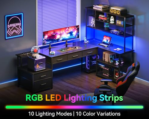 AODK 71 inch L Shaped Desk with File Drawers, Reversible L Shaped Gaming Desk with Power Outlets & LED Lights, Computer Desk with Storage Shelves for Home Office, Black