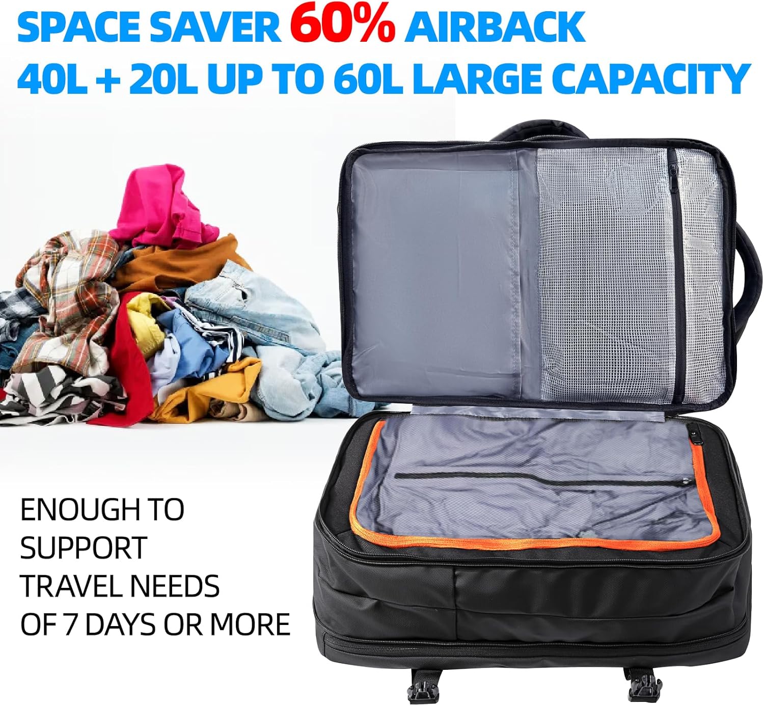 60L Airback Backpack, Vacuum Bags & Travel Backpack Expandable Flight Approved Carry on Backpack Luggage Organizer Space Saver