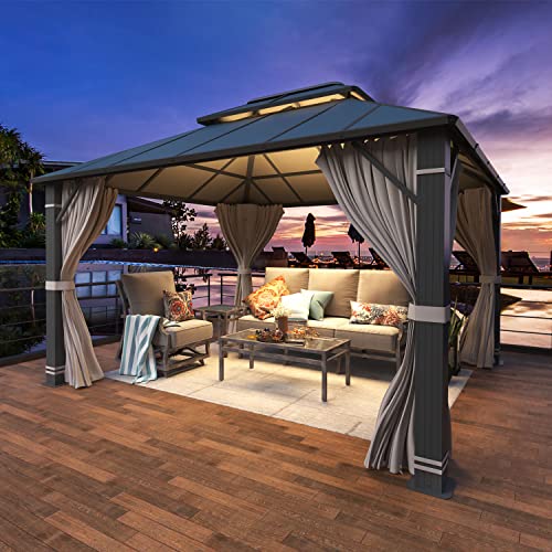 YOLENY 10' x 12' Hardtop Gazebo, Wood-Looking Gazebo with Galvanized Steel Double Roof, Aluminum Frame, Permanent Metal Pavilion with Netting and Curtains for Deck, Backyard, Patio and Lawns