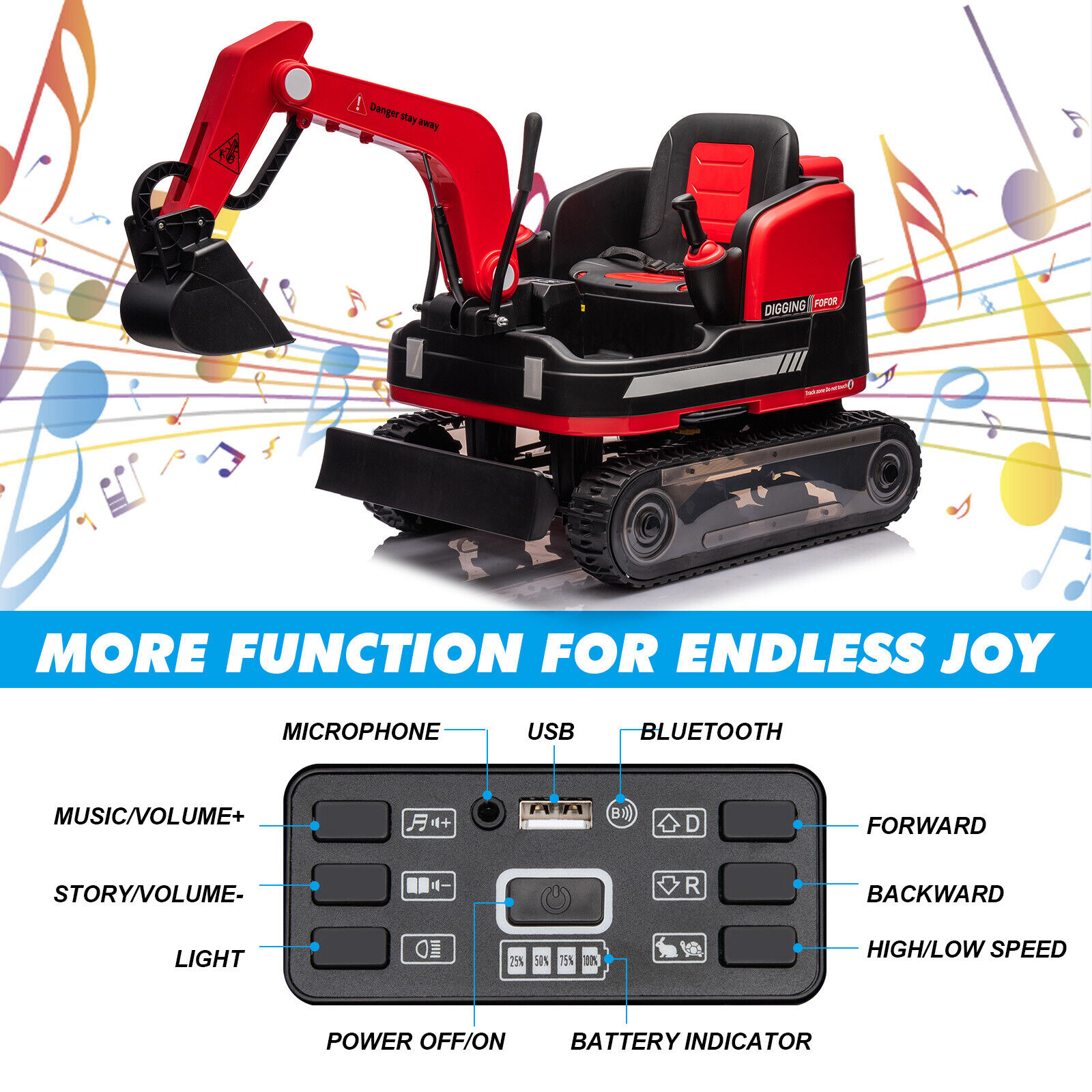JOYLDIAS Kids 12V Electric 360 Degree Rotating Ride On Excavator and Bulldozer with Track Design Wheels, Remote Control, MP3, Toolbox (Red) - Curated Treasures Market