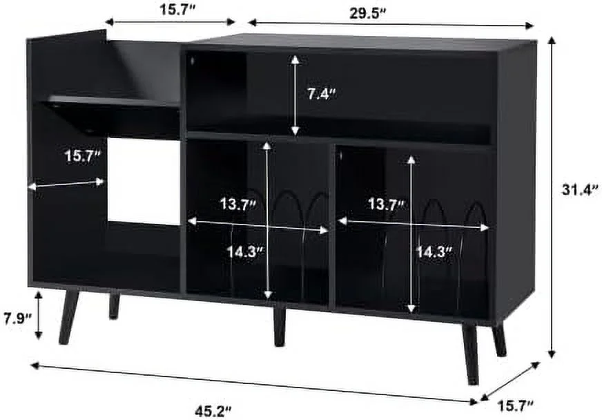 TJUNBOLIFE Record Player Stand  Mid-Century Modern Vinyl Record  Cabinet Table with Wood Legs  Turntable Stand Record Holder Holds Up to 300 Albums for Living Room  Bedroom (Black)