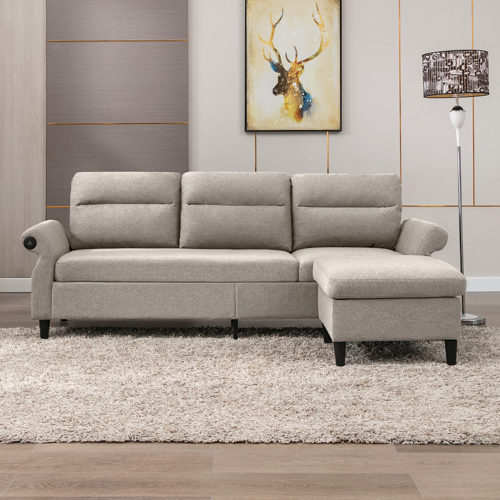 MUZZ Convertible Sectional Sofa Couch, 3 Seat L-Shape Sofa Couch with 2 USB Ports and Adjustable Armrest, Small Reversible Sectional Couches with Ottoman for Living Room, Apartment, Beige