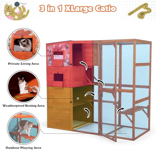 COZIWOW Large Wood Cat Catio, Outdoor Enclosure with Weatherproof Roof, 2 Resting Rooms, 2 Platforms, 4-Tier Cat Playpen, Orange