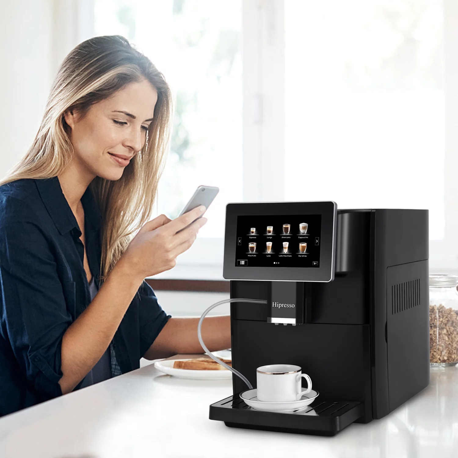 Hipresso Programmable Super-automatic Espresso Coffee Machine with Large 7 inches HD TFT Display