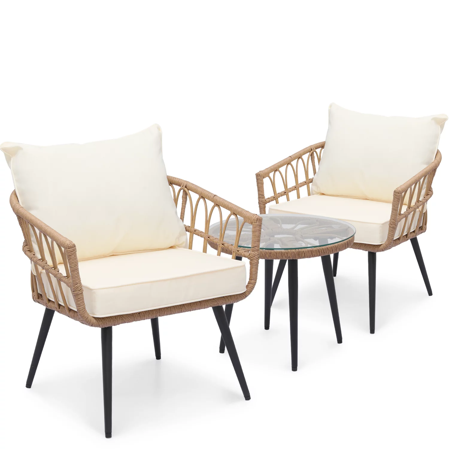 Magshion 3 Pieces Outdoor Patio Furniture Rattan Wicker Table & Chairs Set, Conversation Bistro Set with Tempered Glass Tabletop, Pillow & Cushion for Porch Balcony Backyard, Natural