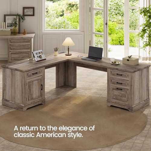 Itaar Farmhouse Executive L Shaped Desk, Home Office Desk with File Drawer and Power Outlet, Computer Corner Desk with Drawers and Storage Cabinet, Workstation for Office Home, White
