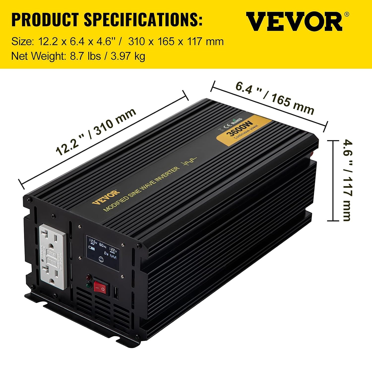 VEVOR Power Inverter, 3600W Modified Sine Wave Inverter, DC 12V to AC 120V Car Converter, with LCD Display, Remote Controller, LED Indicator, GFCI Outlets Inverter for Truck RV Car Boat Travel Camping