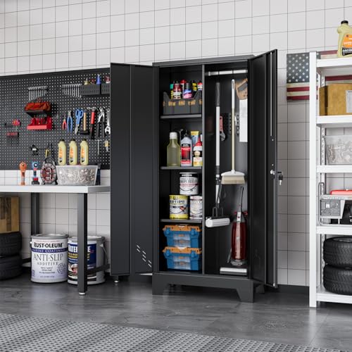 61" H Broom Closet Cabinet, Metal Storage Cabinet with Lockable Doors and Pegboard, Utility Closet for Brooms and Mops, Tool Cabinets for Home Office, Laundry Room, Garage, Workshop