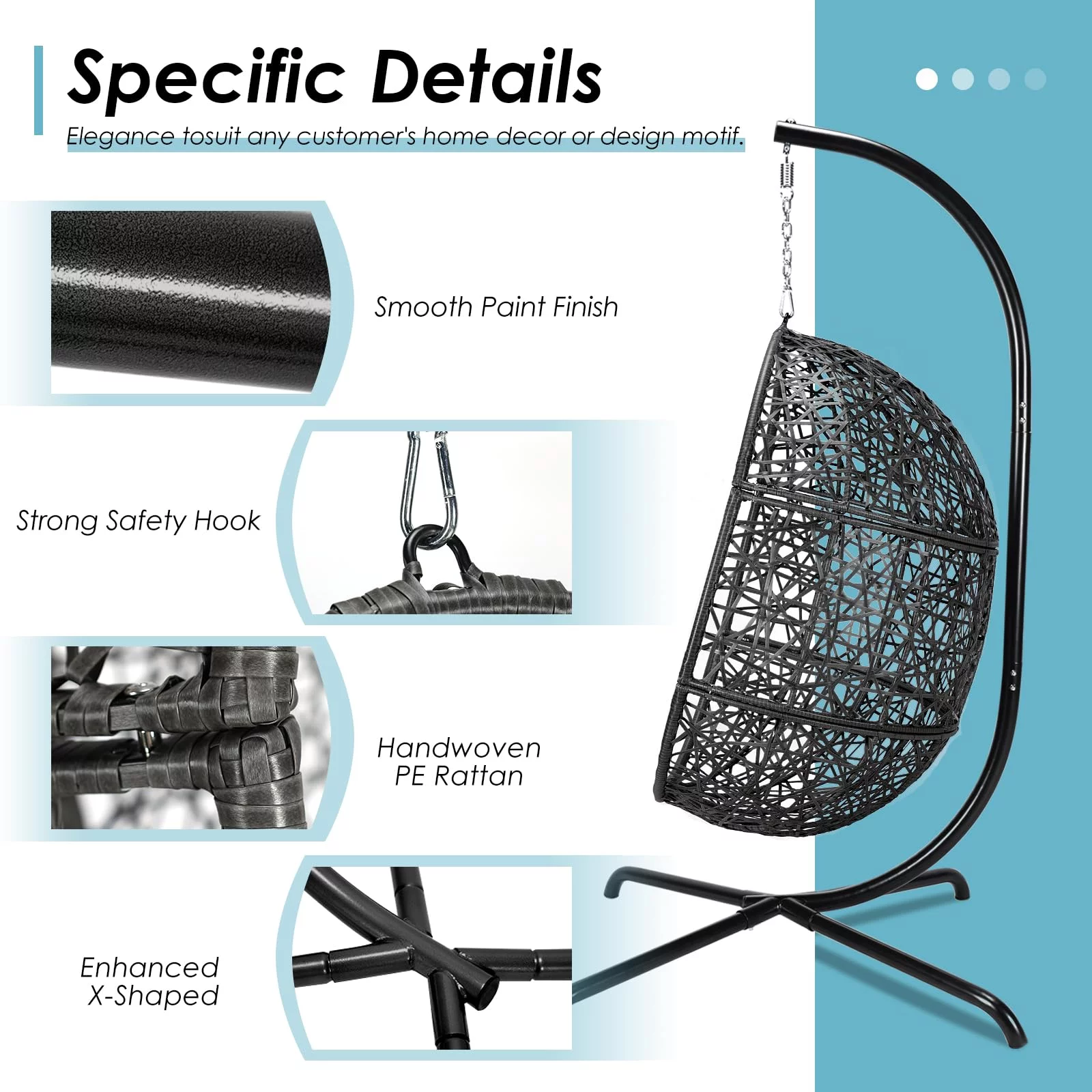 NICESOUL Outdoor Indoor Oversized Black Hanging Swing Nest Egg Chair with Stand and Big Beige Set