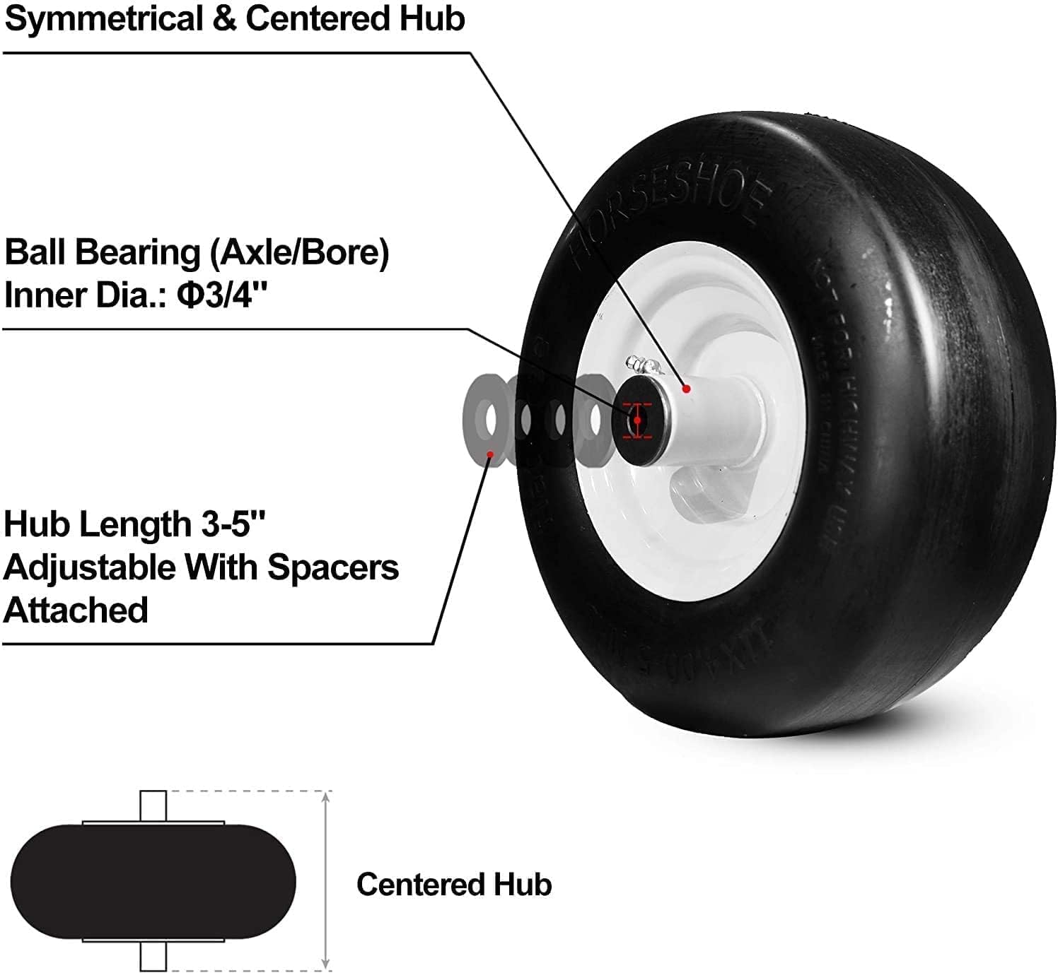 New 11x4.00-5 Flat Free High Density Smooth Tire on Wheel w/Grease fitting for Zero Turn Lawn Mower Garden Tractor, Centered hub 3"-4"-5", Bore ID 3/4", 11x4-5, 11/4-5 (2)