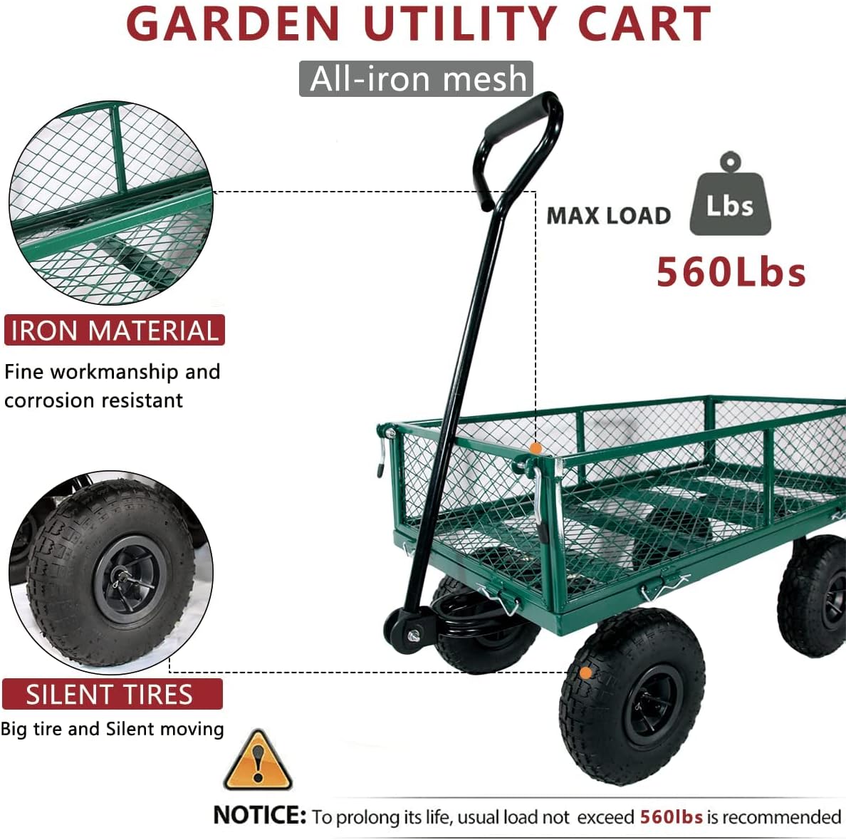 Fihuted Garden Cart Wagon Heavy Duty Mesh Steel, Utility Wagon Cart with Tire Pump , Yard Cart with Removable Sides , Green