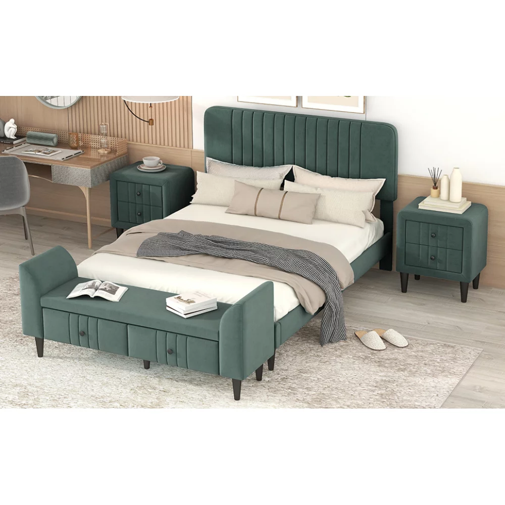Cosymart 4-Pieces Bedroom Sets Full Size Upholstered Platform Bed With Two Nightstands And Storage Bench-Green