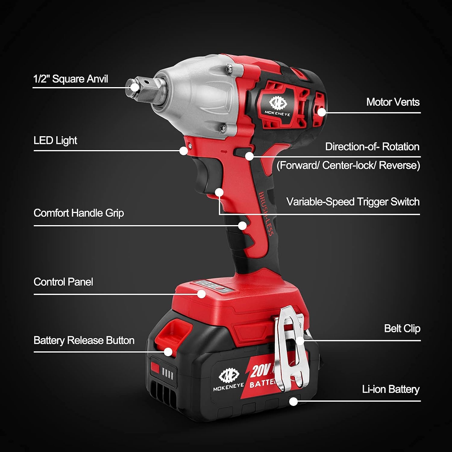 MOKENEYE 20V Cordless Brushless Impact Wrench with 4.0 Ah Battery, 300 Ft-lbs Torque, 3-Speed up to 2900 RPM, 6 Impact Sockets, 1/2 Inch Battery Powered Impact Wrench for Car Tires