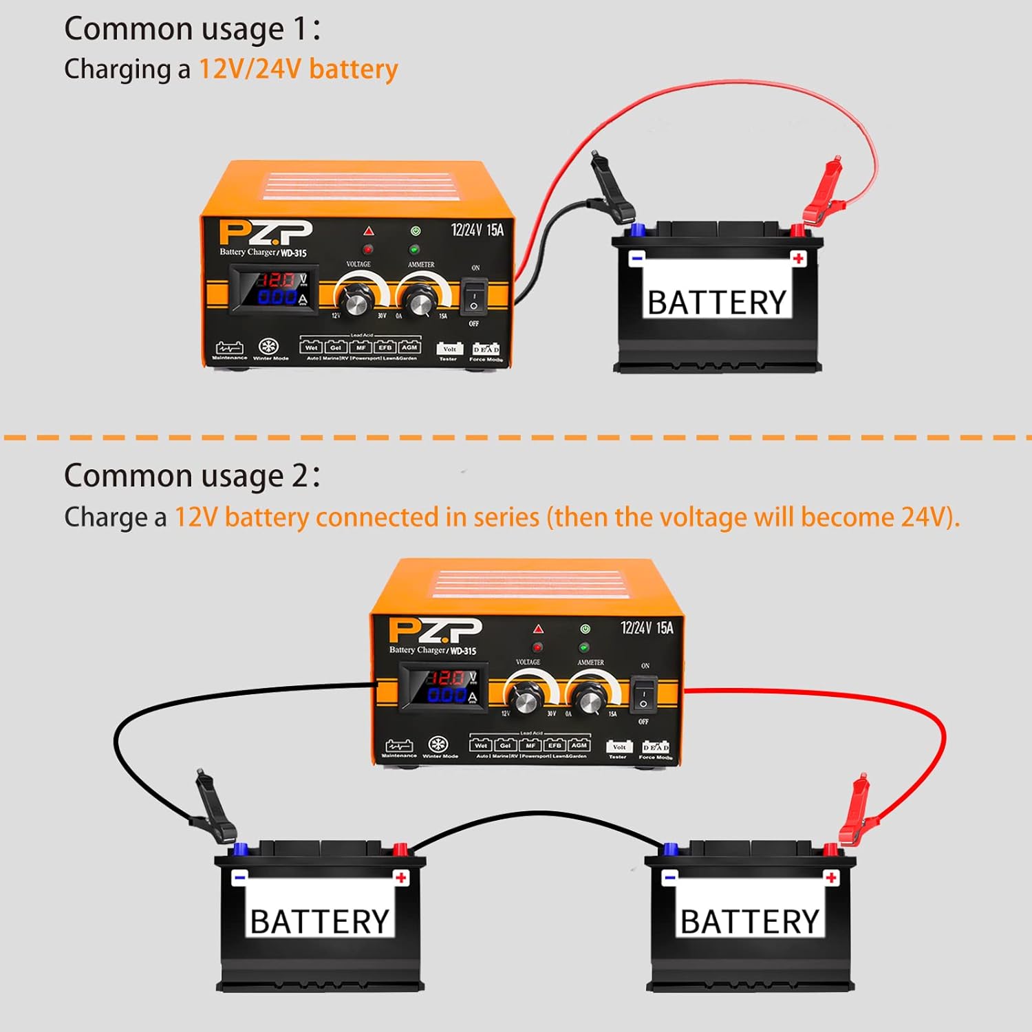 24v Battery Charger Manual 12v/24v Battery Charger 15-Amp Automotive Car Battery Fast Trickle Charger for Gel rv Bench Battery Charger and Maintainer 12v/15a 24v/7.5a by PZ.P