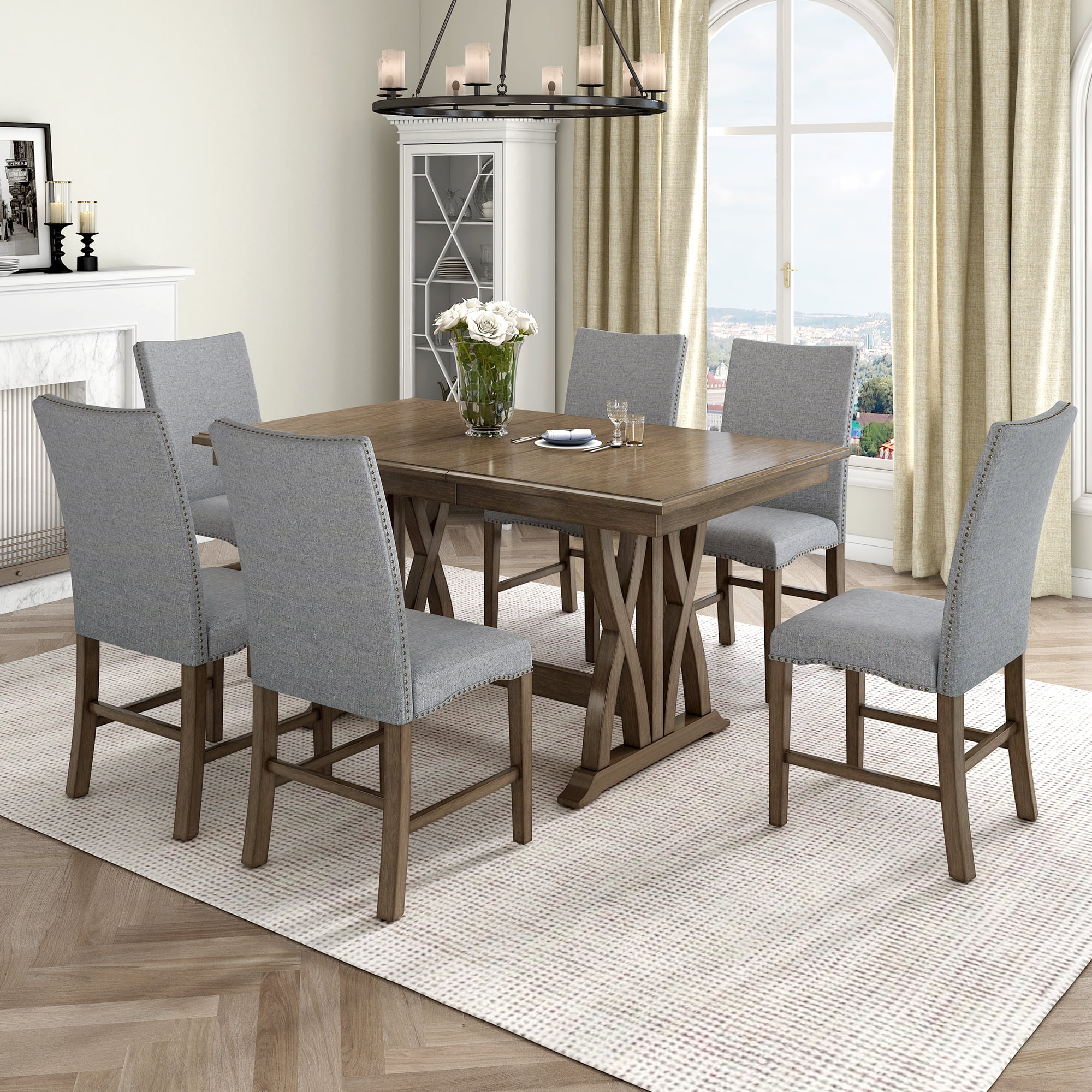 Homiyad Mid-Century Solid Wood 7-Piece Dining Table Set Extendable Kitchen Table Set with Upholstered Chairs and 12" Leaf for 6, Golden Brown+Gray Cushion - Curated Treasures Market