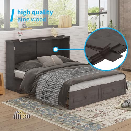 Mjkone Murphy Bed Cabinet, Queen Size Cabinets Bed Chest with USB Charging Station & Tri-Folding Mattress, Wall Beds with Storage Drawers for Guest Bedroom Apartment Office, Easily Convertible, White