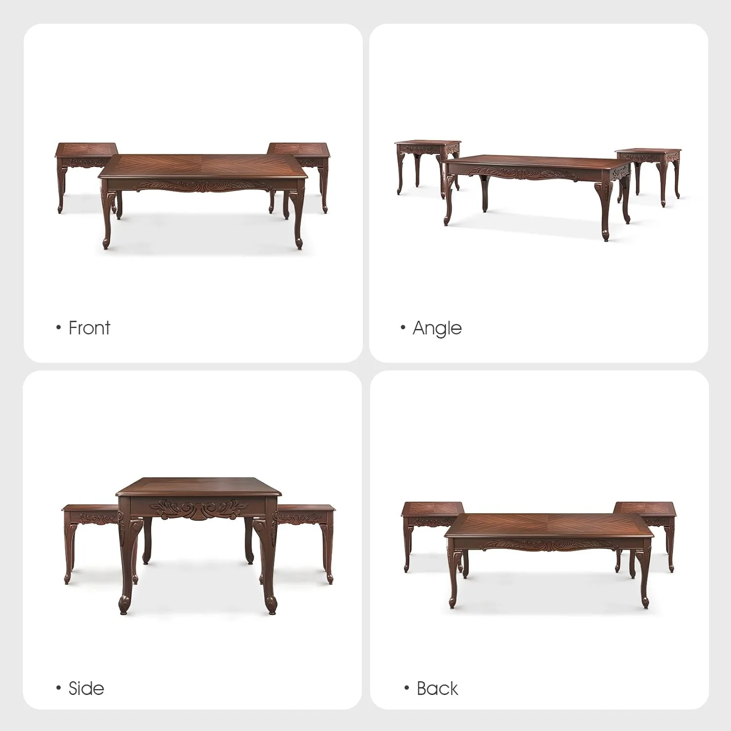Modern 3 Piece Coffee Table Set, Wood Farmhouse Living Room Table Set Of 3, Includes 1 Rectangular Coffee Table & 2 Square End Tables With Carving Pattern, Espresso