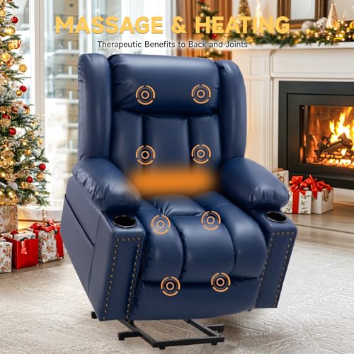 Large Power Lift Chairs Recliners for Elderly with Heated and Massage, Overstuffed Adjustable Lift Chairs, 3 Positions, Breathable Leather, USB-A and USB-C, Cup Holder, Side Pocket Dark Brown
