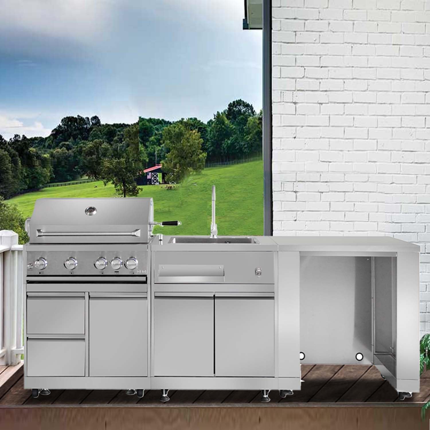 SINDA 4 Piece Outdoor Kitchen Package, BBQ Grill Cabinet, 4 Burner Built-in Propane Gas Grill, Kitchen Sink Cabinet, Appliance Cabinet in Stainless Steel, Best of Backyard Package Deal