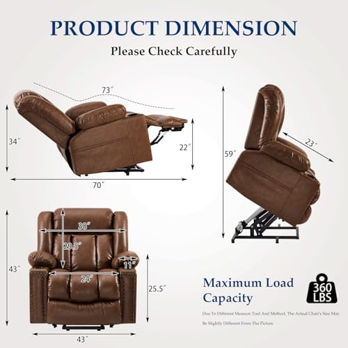 Large Power Lift Chairs Recliners for Elderly with Heated and Massage, Overstuffed Adjustable Lift Chairs, 3 Positions, Breathable Leather, USB-A and USB-C, Cup Holder, Side Pocket Dark Brown