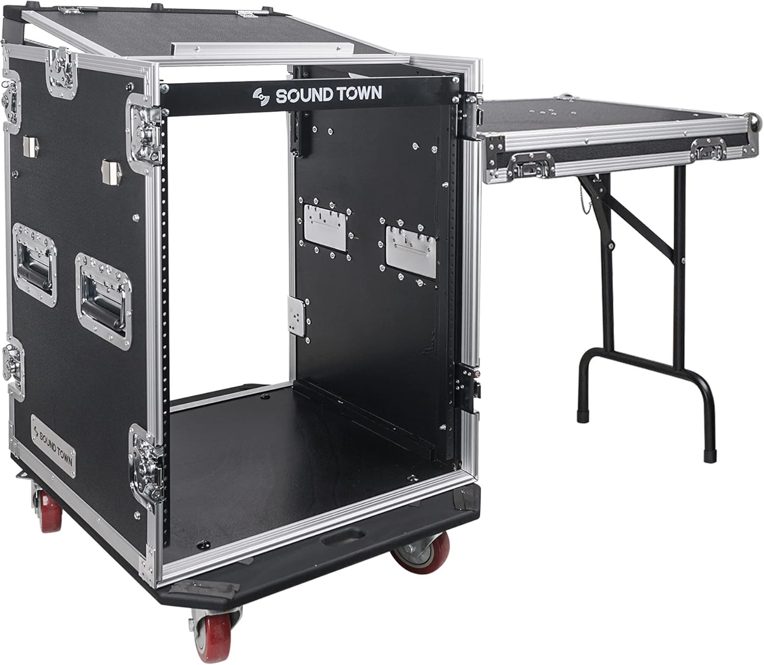 Sound Town 8U PA DJ Pro Audio Rack/Road ATA Case with 13U Slant Mixer Top, 23.5’’ Rackable Depth and Casters, 8 Space Size, Pro Tour Grade (STMR-8UW)