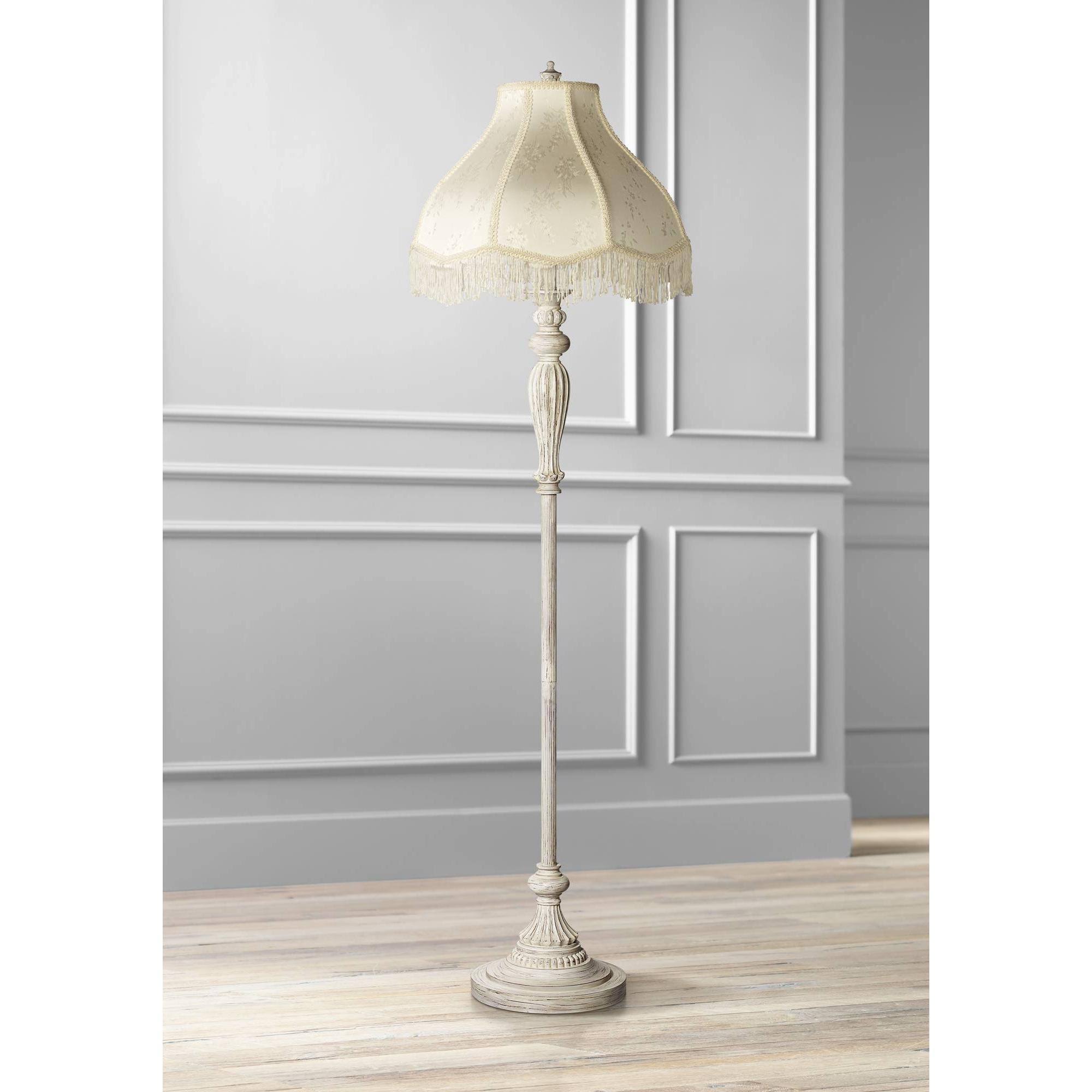 360 Lighting Vintage Chic Floor Lamp Antique White Cream Scallop Fabric Dome Shade with Fringe for Living Room Reading Bedroom
