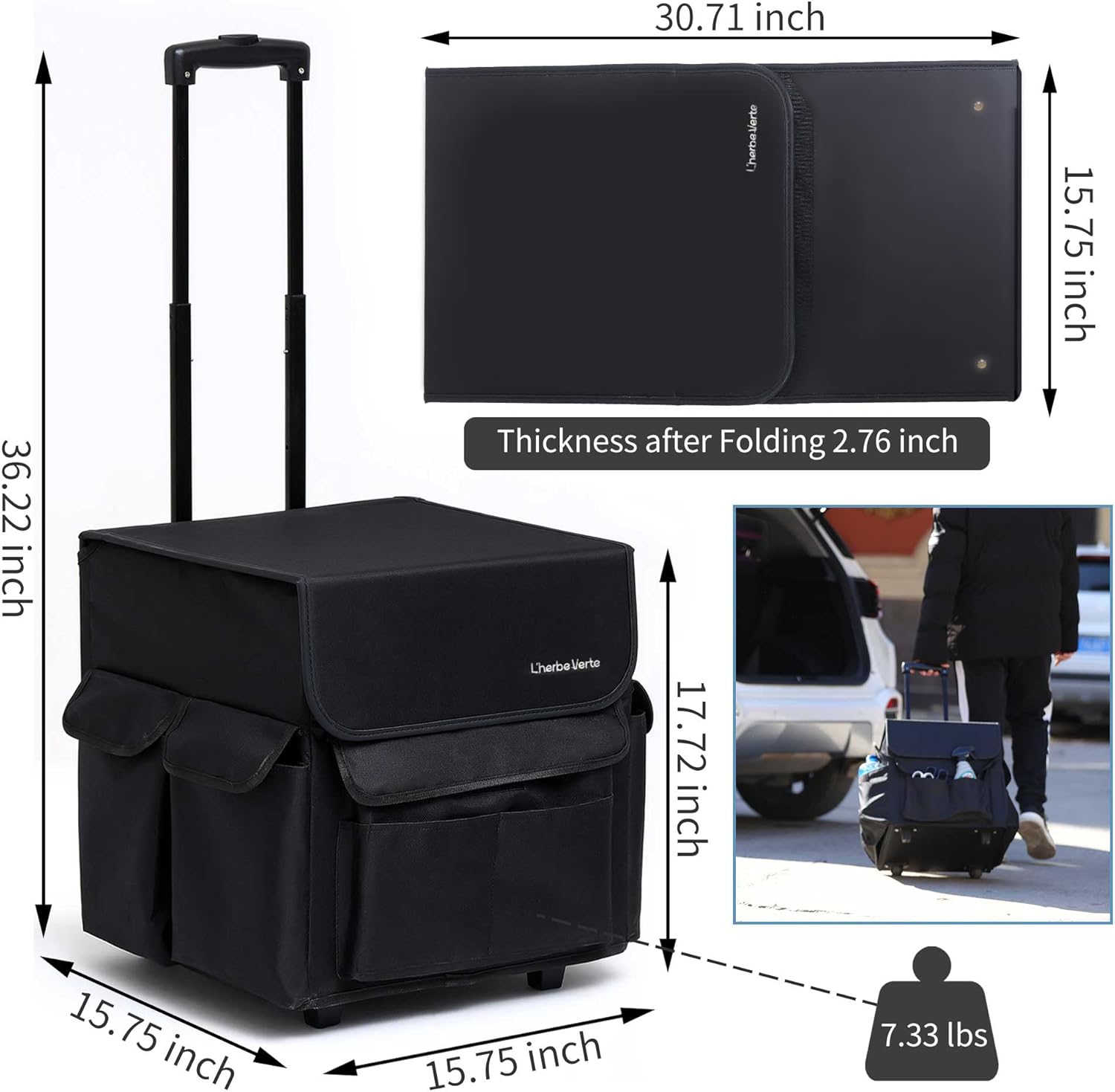 Collapsible Rolling Cart, Shopping Cart for Groceries, Organizer Cart with Telescoping Handle and Organizer Bag, Use as Teacher Rolling Cart, Rolling Crate, Folds Down to 2.76”