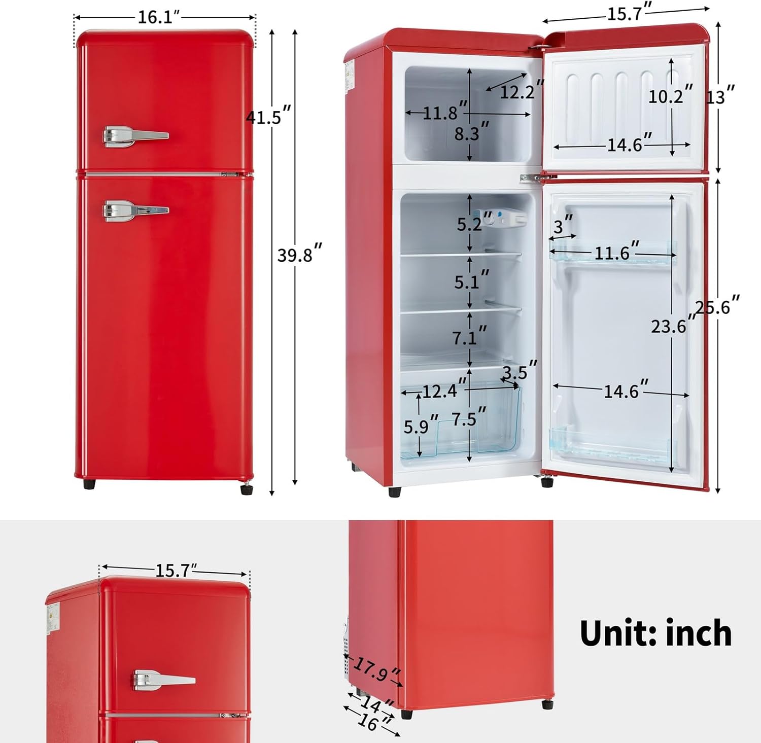 Retro Mini Red Fridge with Freezer - 4.5 Cu.ft, Smart Temp Management for Bedroom, Office, Dorm, RV, Apartment. Adjustable Thermostat, Stylish 2-Door Design.