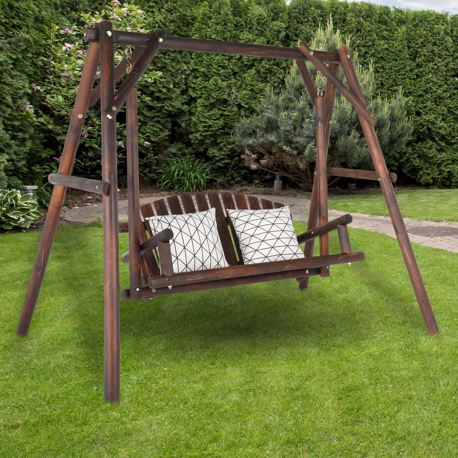 6.5’ Outdoor Rustic Loveseat Freestanding Solid Wood Natural Log Garden Swing，Brown