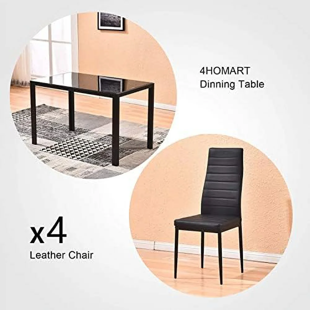 KHBIULIFE 4HOMART Yvonne&amp;F.L..M. Modern 5 Pieces Black Dining Table with Chairs for 4 People Glass Tempered Dining Table and Kitchen Chairs Set of 4 Faux Leather for Small Apartment H