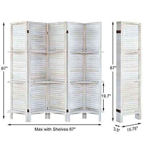 Room Divider with Shelves, Privacy Screen, Room Dividers and Folding Privacy Screens, 5 Panel Wood Temporary Wall Partition Separation Separator, Coconut