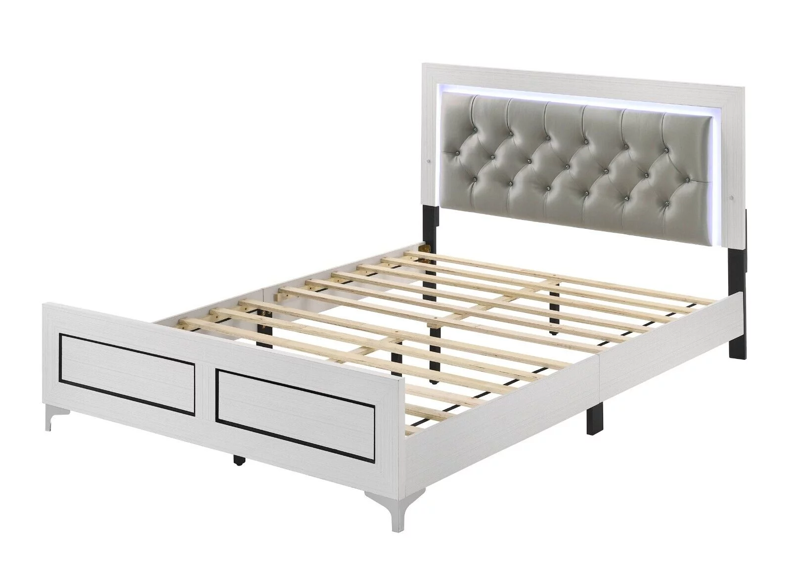 Stylish White Finish 5pc Bedroom Set Queen Size Bed Button-Tufted LED Headboard Nightstand Dresser Chest Mirror