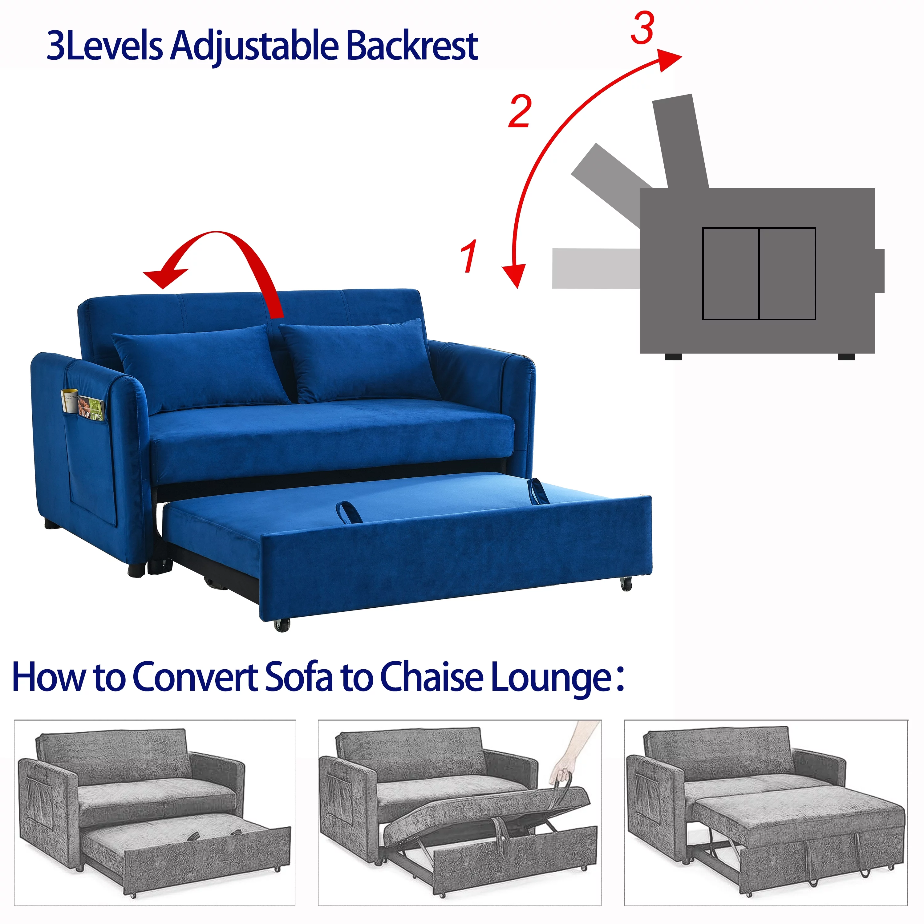 Modern Velvet Pull Out Convertible Sleeper Sofa Bed, Folding Loveseat Futon Couch with Adjustable Backrest Lumbar Pillows for Living Room Bedroom Office - Curated Treasures Market