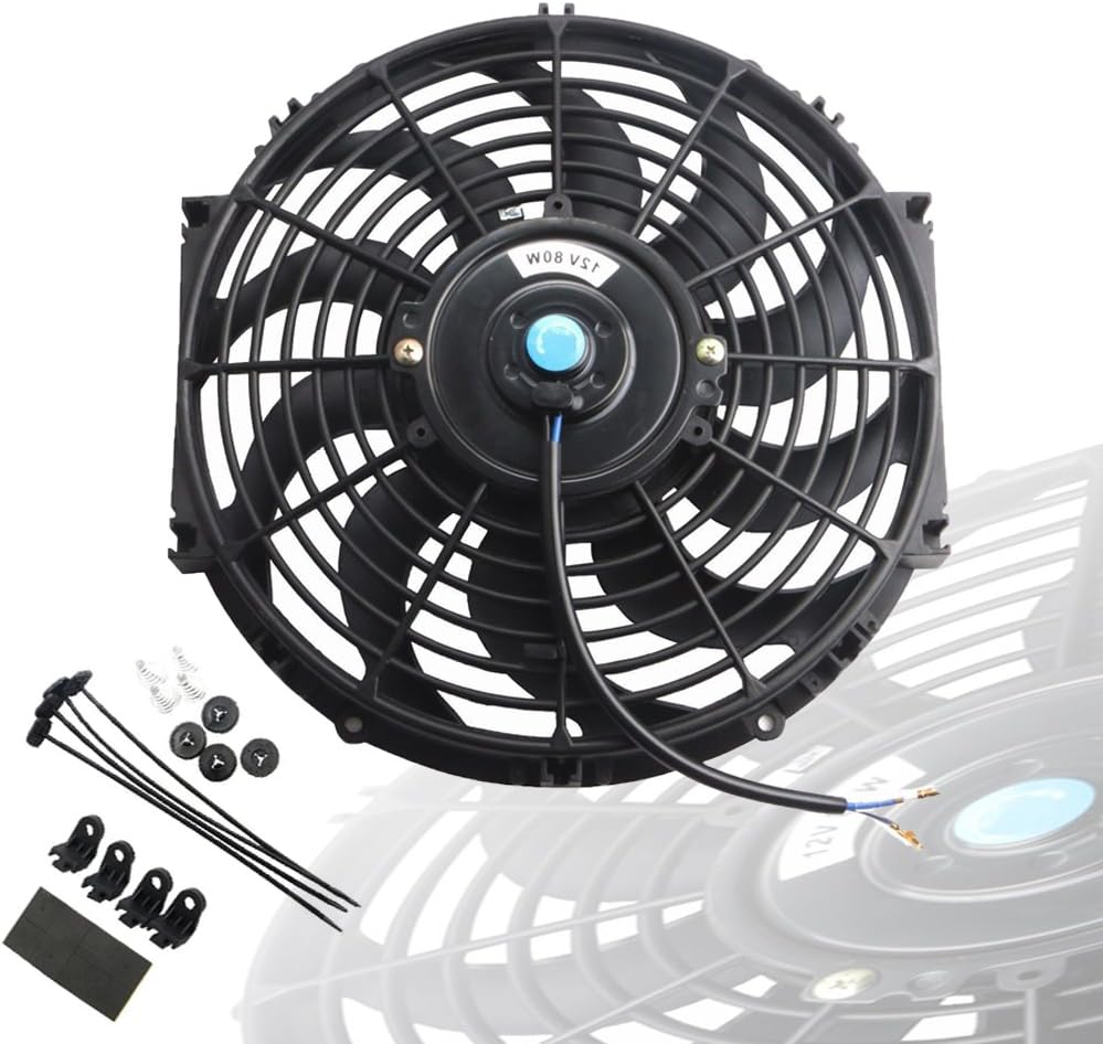 MOSTPLUS Black Universal Electric Radiator Slim Fan Push/Pull 12V + Mounting Kit (12 Inch) Set of 2 Pack of 2