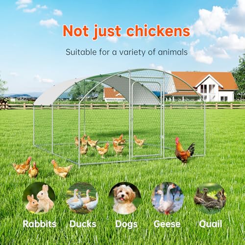 Large Metal Chicken Coop, Chicken Run Poultry Cage Hen with Water-Resident and Anti-UV Cover for Duck Rabbit House Outdoor Walk-in Chicken Pen for Yard, Dome Roof(10’ W x 19.7’ L x 6.4’ H)