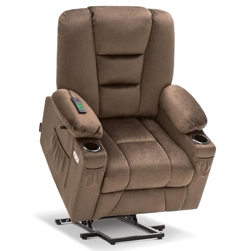 MCombo Small Power Lift Recliner Chair with Massage and Heat for Petite People, Cup Holders, USB Ports, Side Pockets, Fabric 7569 (Small-Regular, Brown)
