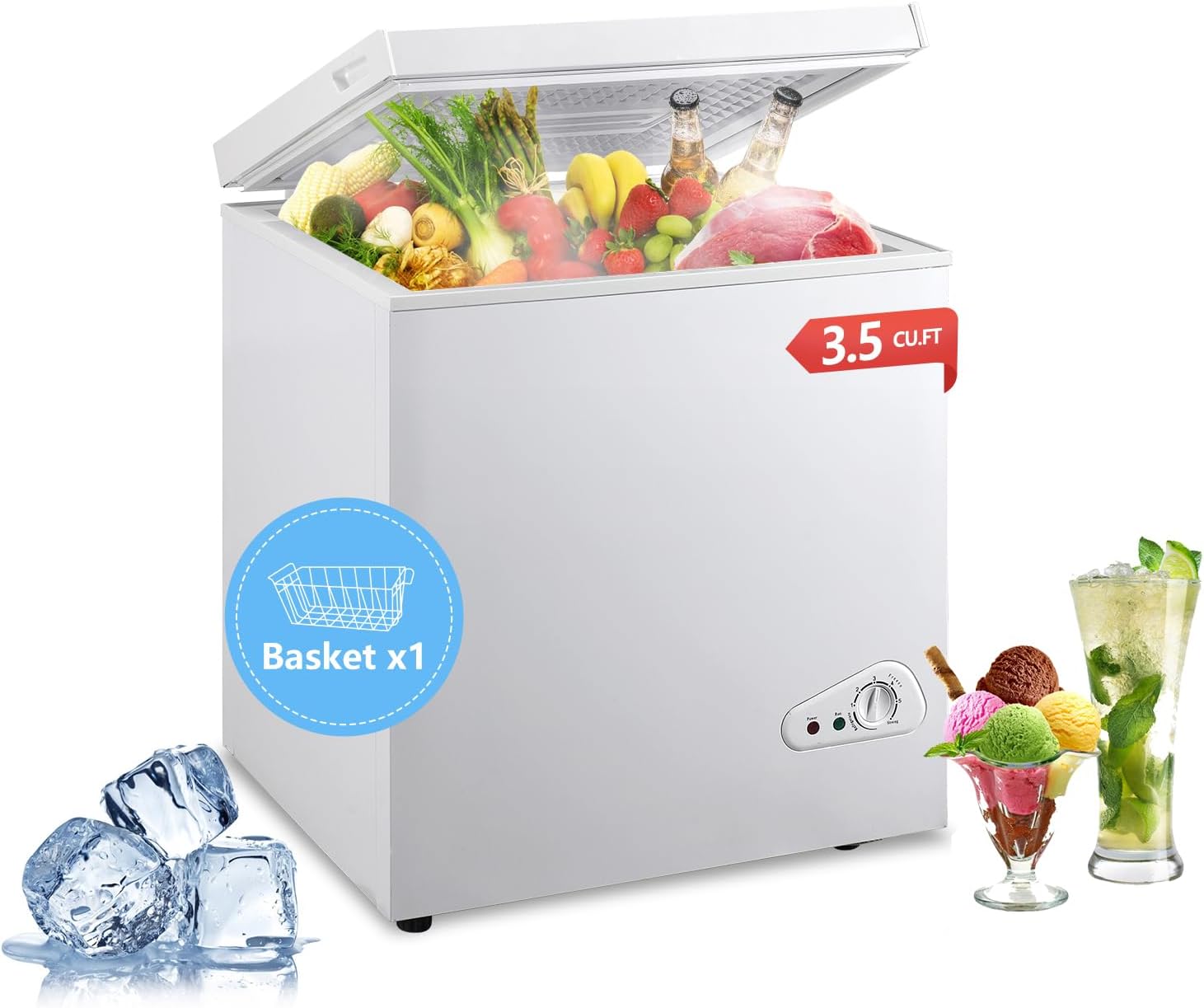 3.5 Cu.Ft Deep Compact Freezer, Chest Freezer with a Removable Basket 7 Gears Adjustable Temperature Control(-18°F to -46°F) for Garage, Office, Basement, House, Kitchen, Shop, RVs-White