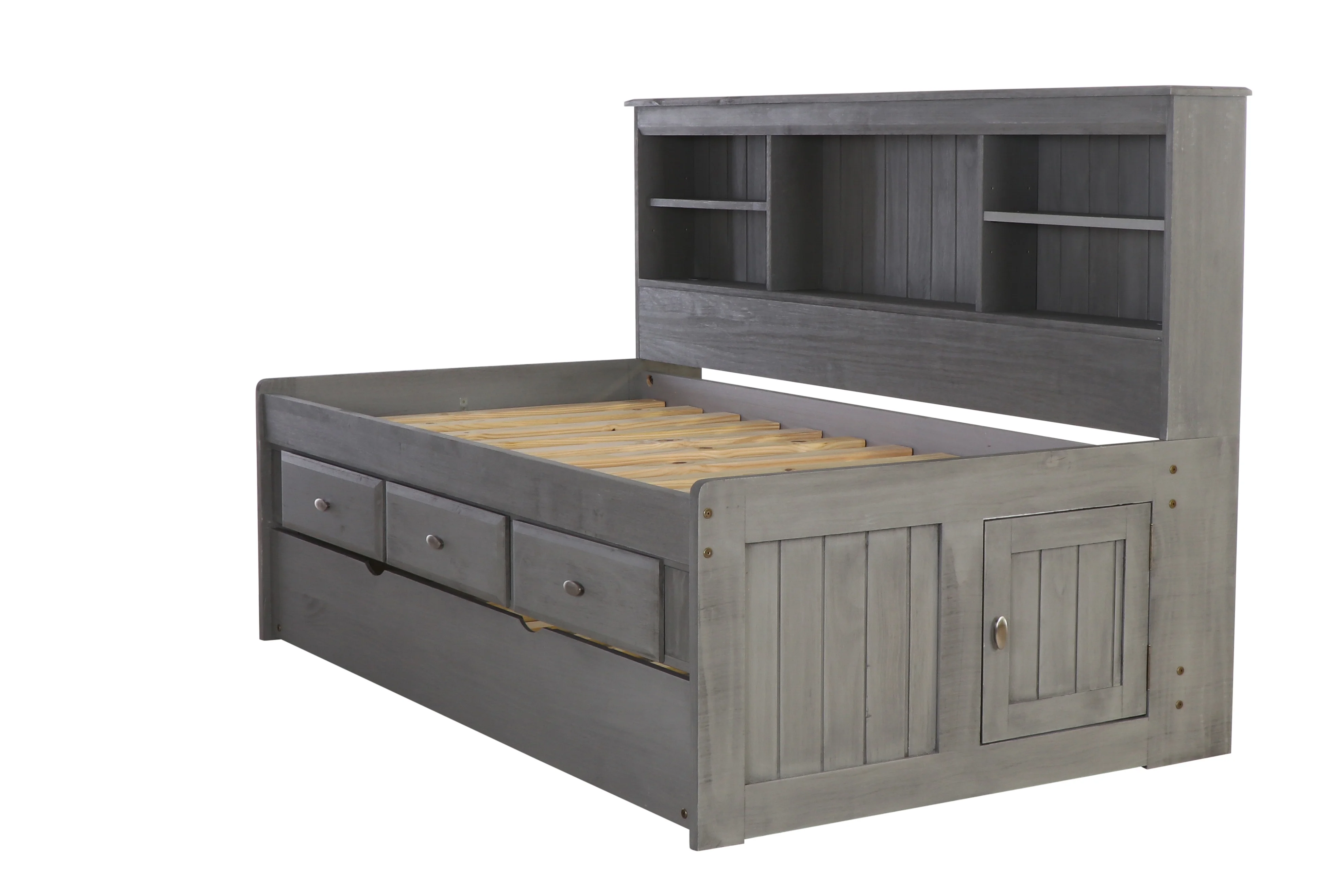 Discovery World Furniture - Twin Size Bed Frame with Headboard Bookcase Captain Day Bed with 3 Drawers & Twin Trundle, Twin Size Bed with Storage & Trundle, Charcoal