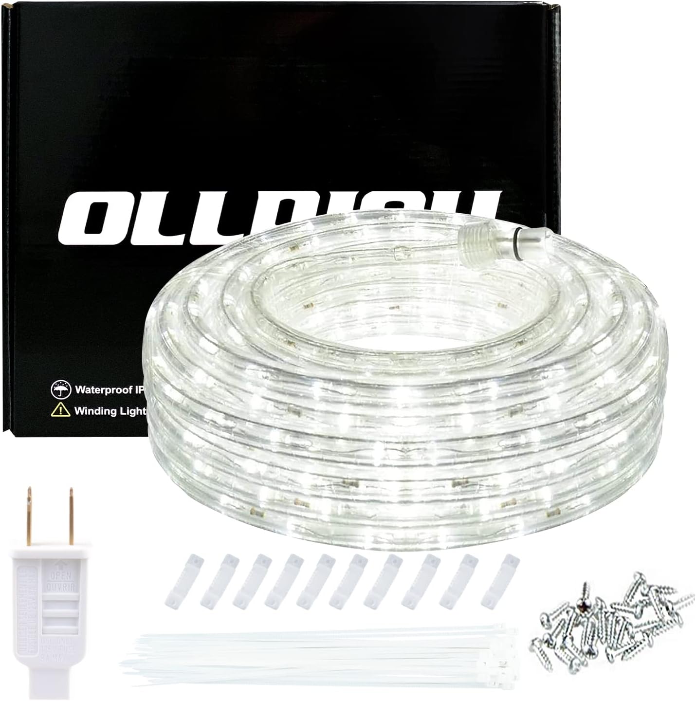 ollrieu 98.4ft Rope Lights Outdoor Waterproof,Daylight White LED Rope Lighting Indoor,Connectable,Plug-in 110V 6000K 360 LEDs,Flexible Light String for Patio Bedroom Camping Ceiling