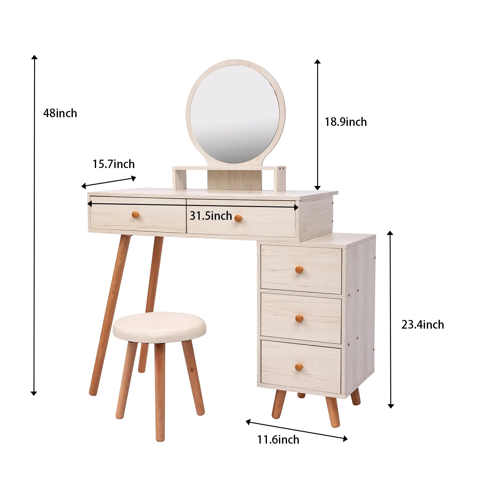 Ufurpie Makeup Vanity Table with Cushioned Stool,Large Capacity Storage Cabinet,5 Drawers,Large Round Mirror,Fasionable Makeup Furniture for Bedroom