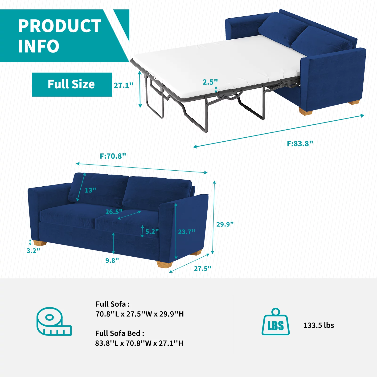 MUZZ Full Size Pull Out Sofa Bed, Velvet Sofa Couvh with Pull Out Bed, Sleeper Sofa Couch with Foam Mattress, 2-in-1 Sleeper Couch Bed for Living Room/Apartment/Small Spaces (Blue)